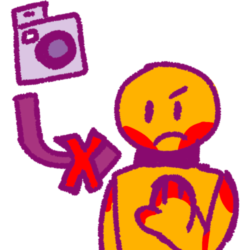 a frustrated yellow person showing the stop sign with their right hand. On the top left corner is a pale purple camera. Connecting the camera to the person is an arrow pointing towards the person with a red X on top of it